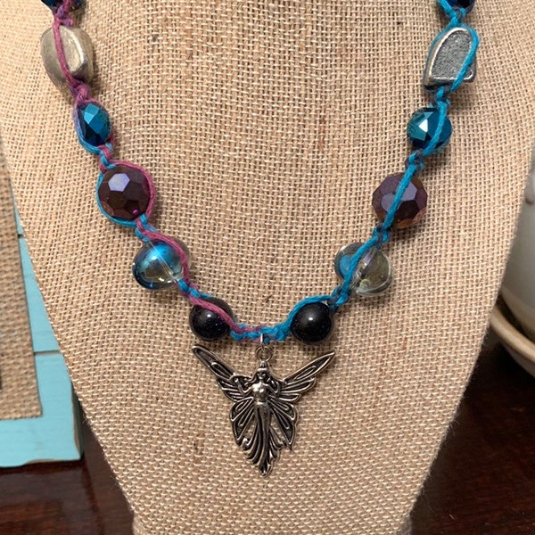 Fairy necklace- blue and purple fairy necklace- hemp necklace- tie dye hemp necklace