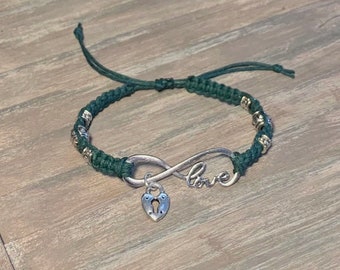 Infinity love bracelet- Valentine’s Day gift- love jewelry- heart charms- infinity love connector- hemp bracelet with beads