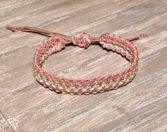 Wide band macrame bracelet- hemp bracelet- adjustable bracelet- friendship bracelet- peach/coral, cream, light brown