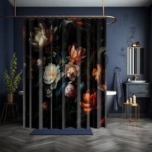 Moody Millefleurs Cottagecore Vintage Goblincore Black Botanical Shower Curtain Dark Apothecary Jacquard Fabric Eclectic Maximalist Bathroom