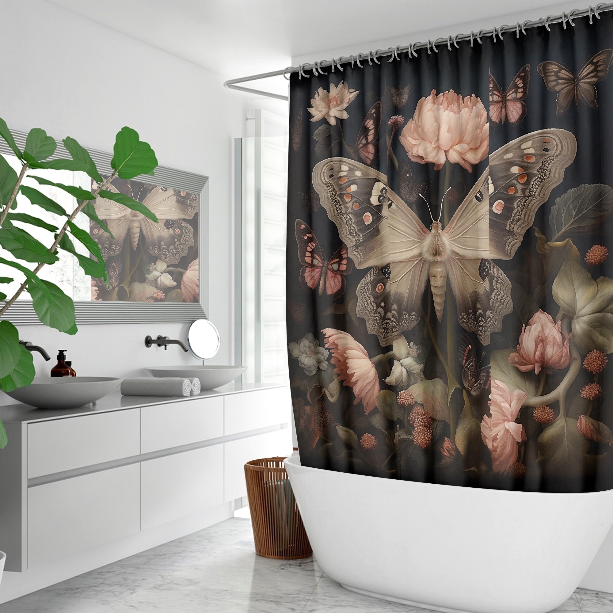 Moody Dark Floral Moth Shower Curtain Vintage Celestial Apothecary ...
