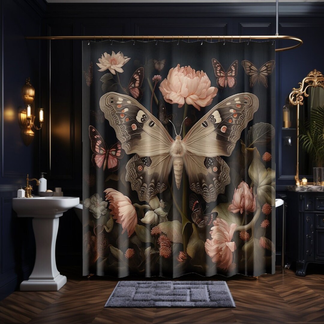 Moody Dark Floral Moth Shower Curtain Vintage Celestial Apothecary ...