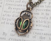 Scarab Beetle Necklace, Egyptian Scarab Beetle, Green Gemstone Beetle, Gift for her,