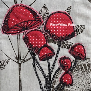 ITH UNIQUE Toadstool, Raw-Edge Appliqué Machine Embroidery Pattern. Looks like free motion embroidery. by Pixie Willow Patterns