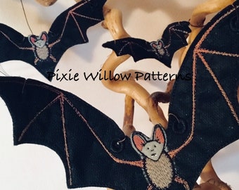 ITH Flying Bat Halloween Decoration Machine Embroidery Pattern. ITH project, 4x4, 5x7, 6x10, 7x12 & 9x12. By Pixie Willow Patterns