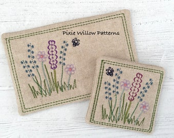 ITH Mug Rug and Coaster featuring country flowers, 4x4 and 5x7 In The Hoop Project, Machine Embroidery design part of the Bee Scene Series