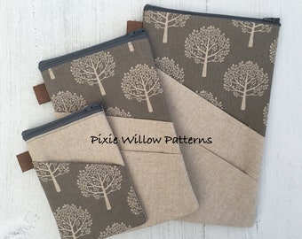 ITH Zipper Bag, fully lined with 2 slanted front pockets. For 5x7, 6x10 and 8x12 Hoops. Machine embroidery design by Pixie Willow Patterns