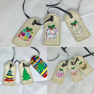 Lot design. Étiquettes pour cadeaux de Noël Suspendus, motifs de broderie machine