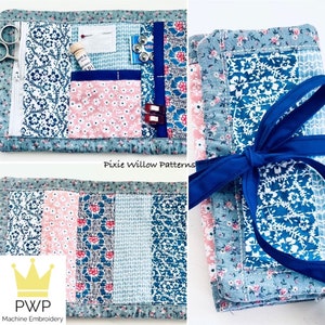 En el patrón de rollo del kit de costura de viaje de aro. Diseño de bordado a máquina ITH de un diseño de estuche de viaje de kit de costura para aros 7.9x11