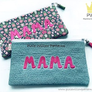 May include: Two zippered pouches with the word "MAMA" embroidered in pink on a floral fabric and a blue fabric with a swirl pattern.