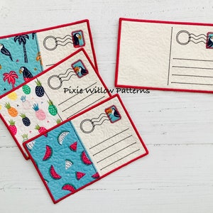 ITH postcard design. Machine embroidery mug rug pattern, set of 2 blank postcards to fit 5x7 hoops. Easy to personalise.