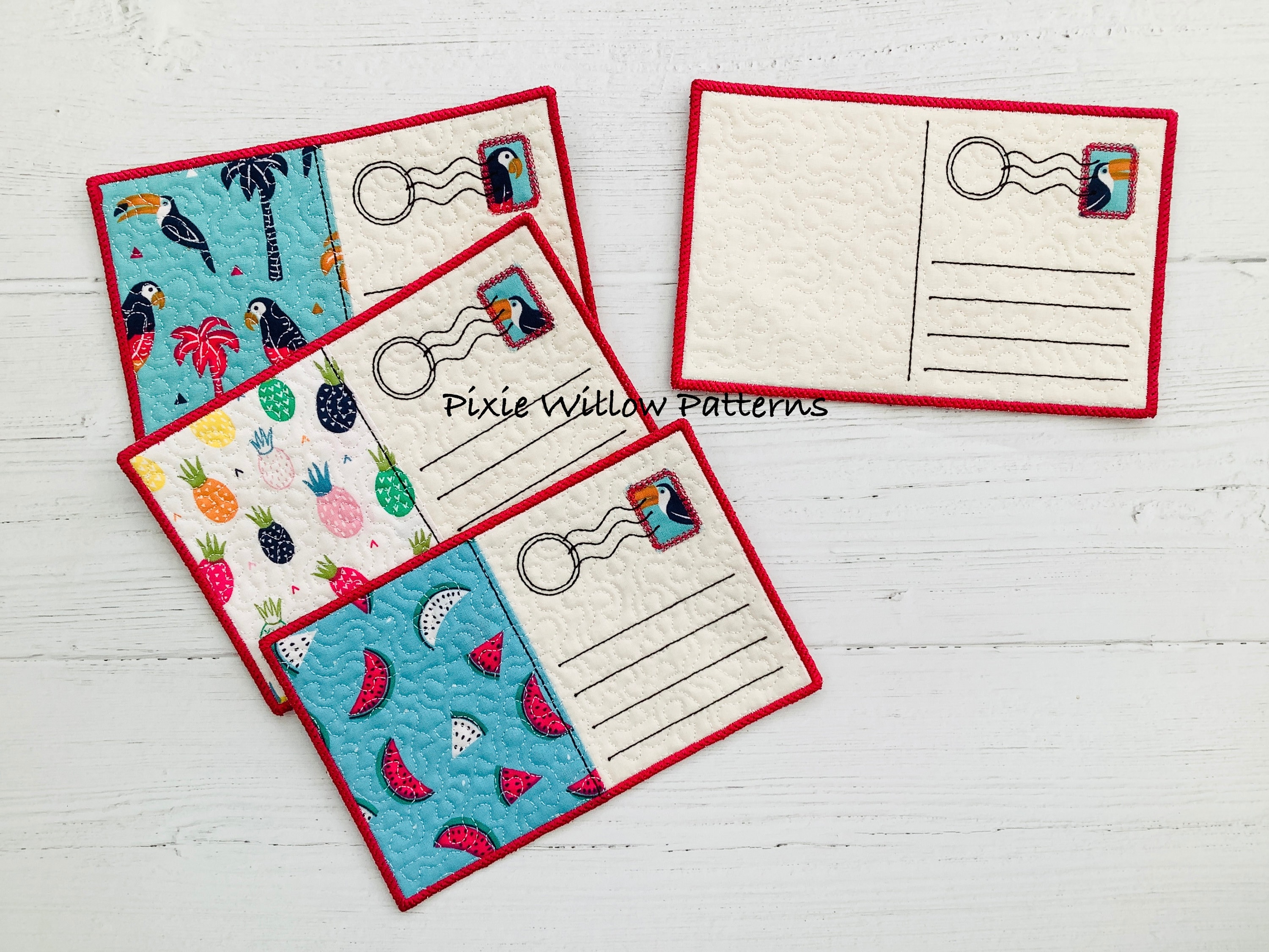ITH postcard design. Machine embroidery mug rug pattern, set of 2 blank postcards to fit 5x7 hoops. Easy to personalise.