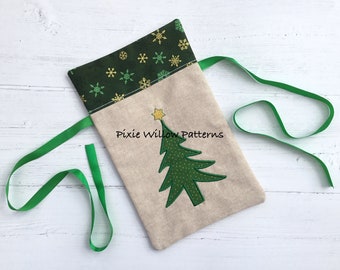 ITH Christmas Tree Gift Bag. Christmas In the hoop project. Machine embroidery pattern, fully lined treat bag for 5x7, 6x10 and 8x12 hoops.