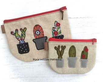 ITH Cacti Applique Zipper Pouch: Machine Embroidery Pattern (5x7, 6x10 hoops)