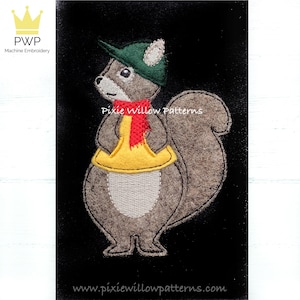 Squirrel Applique design. Machine embroidery applique pattern for 5x7 Hoops. Part of the Woodland Animals set from Pixie Willow Patterns.