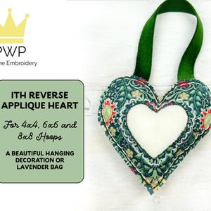 Diseño de bordado a máquina con aplique inverso de corazón ITH. Compatible con bastidores de 4x4, 6x6 y 8x8.