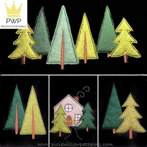 May include: A set of six machine embroidery designs featuring various green, yellow, and brown trees. The designs are perfect for creating festive holiday decorations or adding a touch of nature to any project.