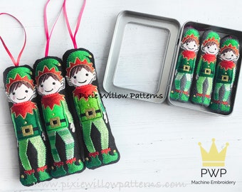 ITH Elf Christmas Tree Decoration pattern. In the hoop machine embroidery design of a festive Elf for 5x7 hoops.