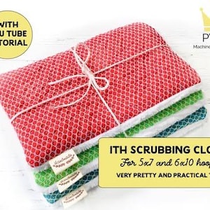 May include: A stack of handmade scrubbing cloths in red, green, and blue, tied with white string. The red cloth has a mesh pattern. The image includes text that says "ITH SCRUBBING CLOTH" and "WITH YOU TUBE TUTORIAL".