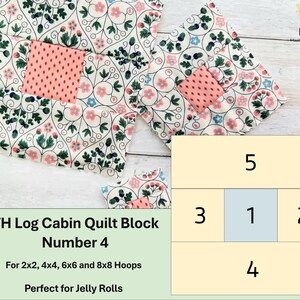 May include: A quilt block with a floral design in cream, pink, and blue. The block features a central pink square with small dots. The text "ITH Log Cabin Quilt Block Number 4" is visible. The block is designed for various hoop sizes.