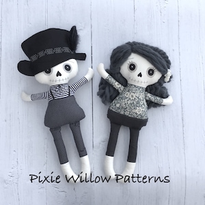 ITH Skeleton Boy and Girl Halloween Dolls, 2 Machine Embroidery Patterns. ITH project, 5x7, 6x10, 7x12 & 9x12. By Pixie Willow Patterns