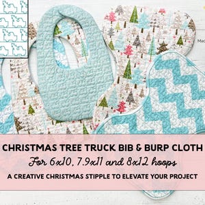 May include: A set of quilted baby bibs and burp cloths. One bib is light blue, and the others feature Christmas tree patterns in green, red, and brown on a white background. The text reads "CHRISTMAS TREE TRUCK BIB & BURP CLOTH".