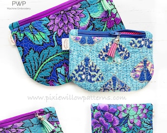 ITH Curved Quilted Zipper Bag Pattern:Machine Embroidery design for 5x7 and 6x10 hoops.