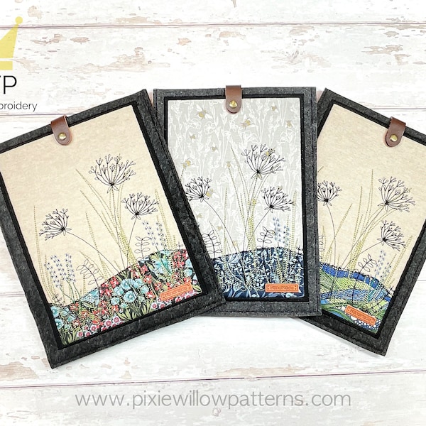 ITH Meadow Scene iPad case pattern. Machine embroidery design of a tablet holder with free motion embroidery style pattern