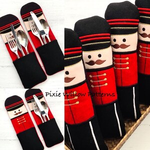 May include: Four red and black fabric toy soldier place card holders with gold trim and embroidered details. The soldiers are holding a set of silverware in each of the two holders on the left side of the image. The text "Pixie Willow Patterns" is visible in the image.