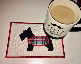 ITH Scottie Dog Applique Mug Rug, 5x7 In The Hoop Project, Machine Embroidery design by Pixie Willow Patterns