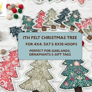 May include: Felt Christmas tree ornaments in various floral patterns, with brown tree trunks and white stitching. The image includes a spool of twine, felt balls, and text that reads "ITH FELT CHRISTMAS TREE" and "PERFECT FOR GARLANDS, ORNAMENTS & GIFT TAGS."