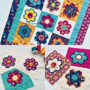 Hexagon quilt block pattern. Machine embroidery design of single quilt blocks for 4x4 and 5x5 hoops, and double quilt blocks for 6x10 hoops.