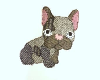 Diseño de bordado a máquina de aplique con borde sin rematar de bulldog francés para bastidores de 5x7 y 6x10 pulgadas.
