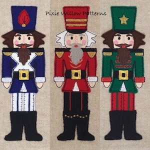 ITH 5x7 Nutcracker applique. Set of 3 in the hoop nutcracker soldier patterns. Machine Embroidery design by Pixie Willow Patterns.