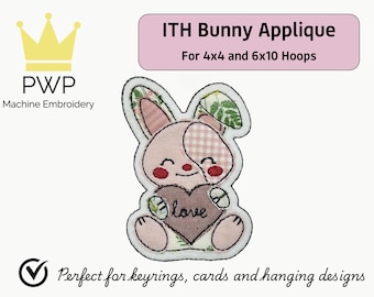 Applique lapin ITH. Motif de broderie machine pour cerceaux 4 x 4 et 6 x 10
