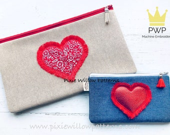 Modèle de sac à fermeture éclair coeur à franges ITH : motif de broderie machine (multi-tailles)
