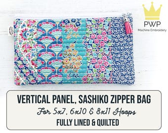 Panneau vertical, sac Sashiko à fermeture éclair. Motif de broderie machine pour cerceaux de 5 x 7, 6 x 10 et 8 x 11