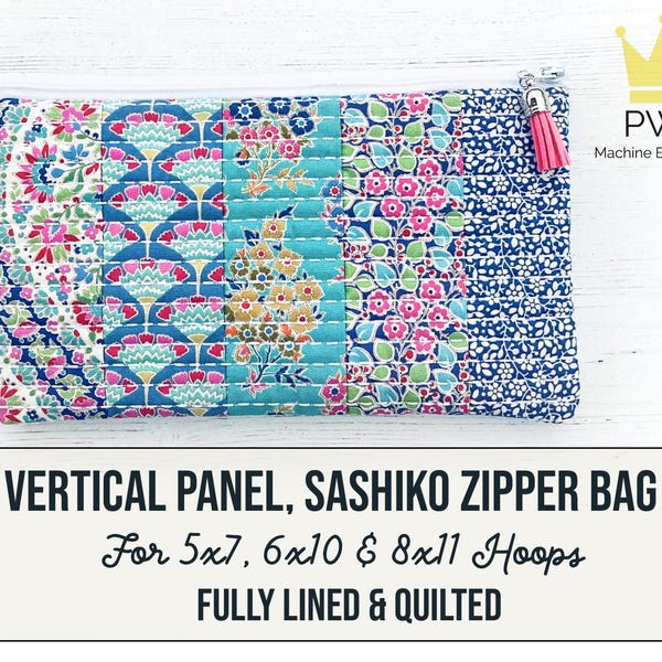 Vertical Panel, Sashiko Zipper Bag. Machine Embroidery Design for 5x7, 6x10 and 8x11 Hoops