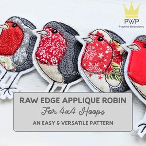Raw Edge Applique Christmas Robin design for 4x4 hoops. Looks like free motion Embroidery. Machine Embroidery pattern
