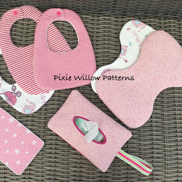 Baby Gift Set - Stipple Pattern Bibs, Re-usable Wipes, Burp Cloth & Wet Wipe Holder Patterns. Machine Embroidery Patterns