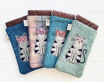 In the hoop Flex Frame Glasses Case with cat design. Embroidery machine design a fully lined snap closure glasses case for 5x7 hoops.