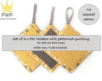 Set of 3 Pot holders with different stipple designs with YOU TUBE tutorial. Machine Embroidery patterns for 8x8 hoops