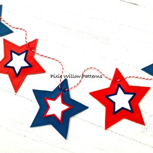 May include: A red, white, and blue star-shaped banner with the text "Pixie Willow Patterns".