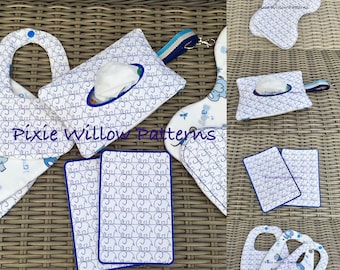 ITH Baby Gift Set – Elephant Pattern Bibs, Re-usable Wipes, Burp Cloth & Wet Wipe Holder patterns. Machine embroidery. Pixie Willow Patterns