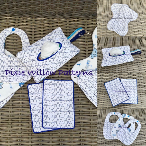 ITH Baby Gift Set – Elephant Pattern Bibs, Re-usable Wipes, Burp Cloth & Wet Wipe Holder patterns. Machine embroidery. Pixie Willow Patterns