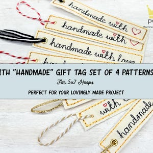 Puede incluir: Un conjunto de cuatro etiquetas de regalo hechas a mano con las palabras "handmade with love" bordadas. Las etiquetas son de color crema con costuras doradas y detalles de corazón rojo. Cada etiqueta tiene una cuerda de diferente color.