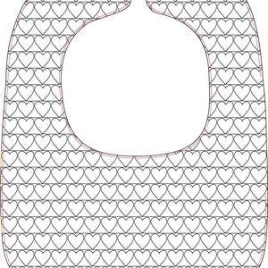 May include: A white bib with a heart pattern. The bib has a neck opening and a curved bottom edge.