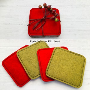 May include: Four felt coasters, two red and two green, with black stitching around the edges. The coasters are stacked on top of each other. The text "Pixie Willow Patterns" is visible below the coasters.