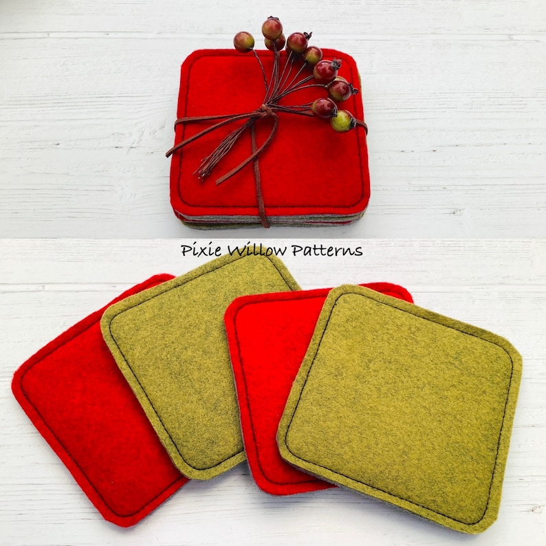 May include: Four felt coasters, two red and two green, with black stitching around the edges. The coasters are stacked on top of each other. The text "Pixie Willow Patterns" is visible below the coasters.