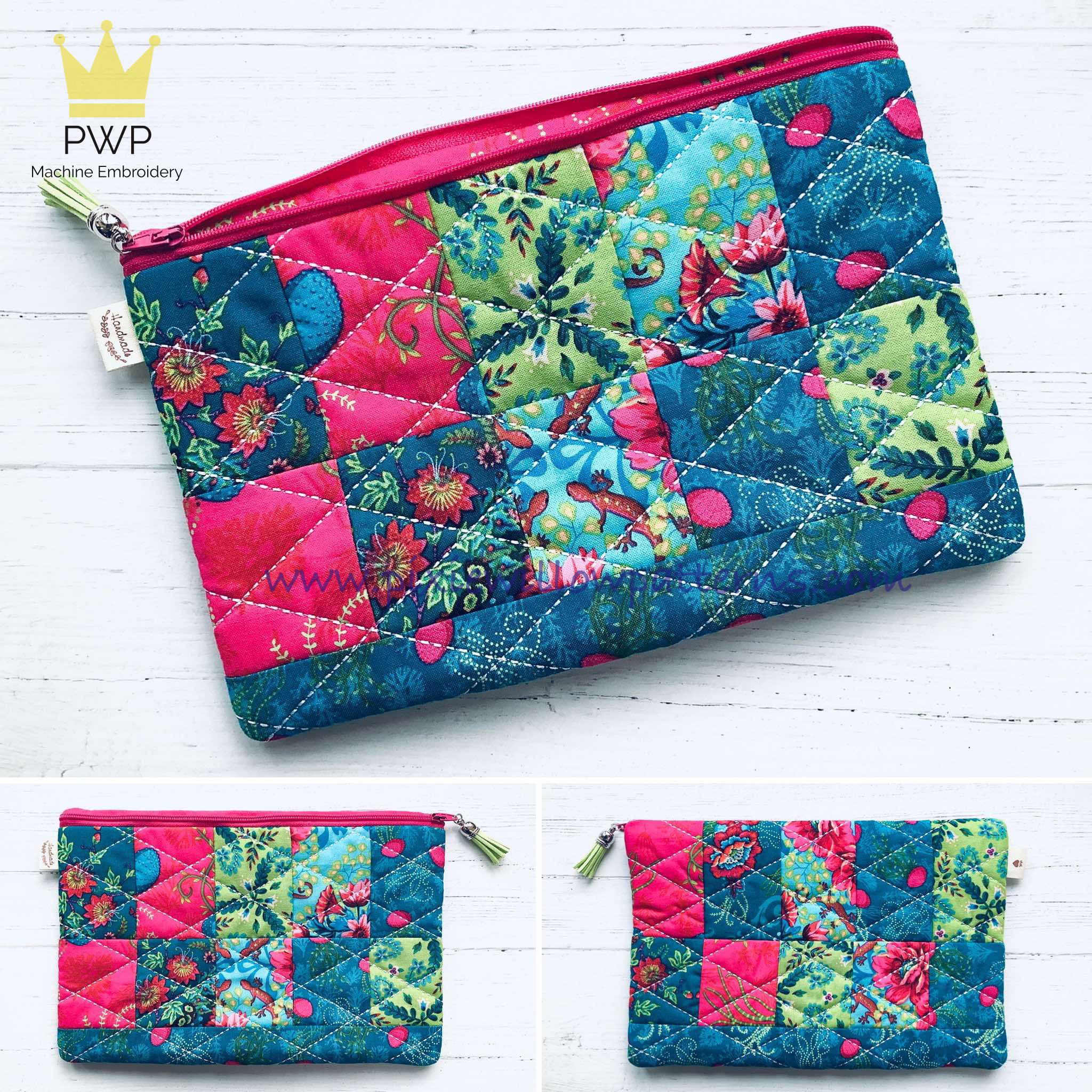 In the hoop Quilted Block Zipper bag pattern for 8x11 hoops. Embroidery machine design of a zipper pouch with quilted block panels